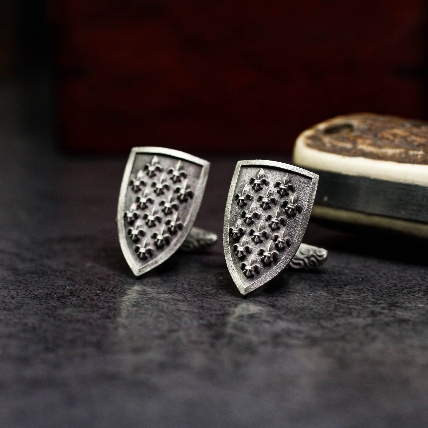 Iris Shield Cufflinks, Fleur de Lys Design - 925 Sterling Silver Handmade