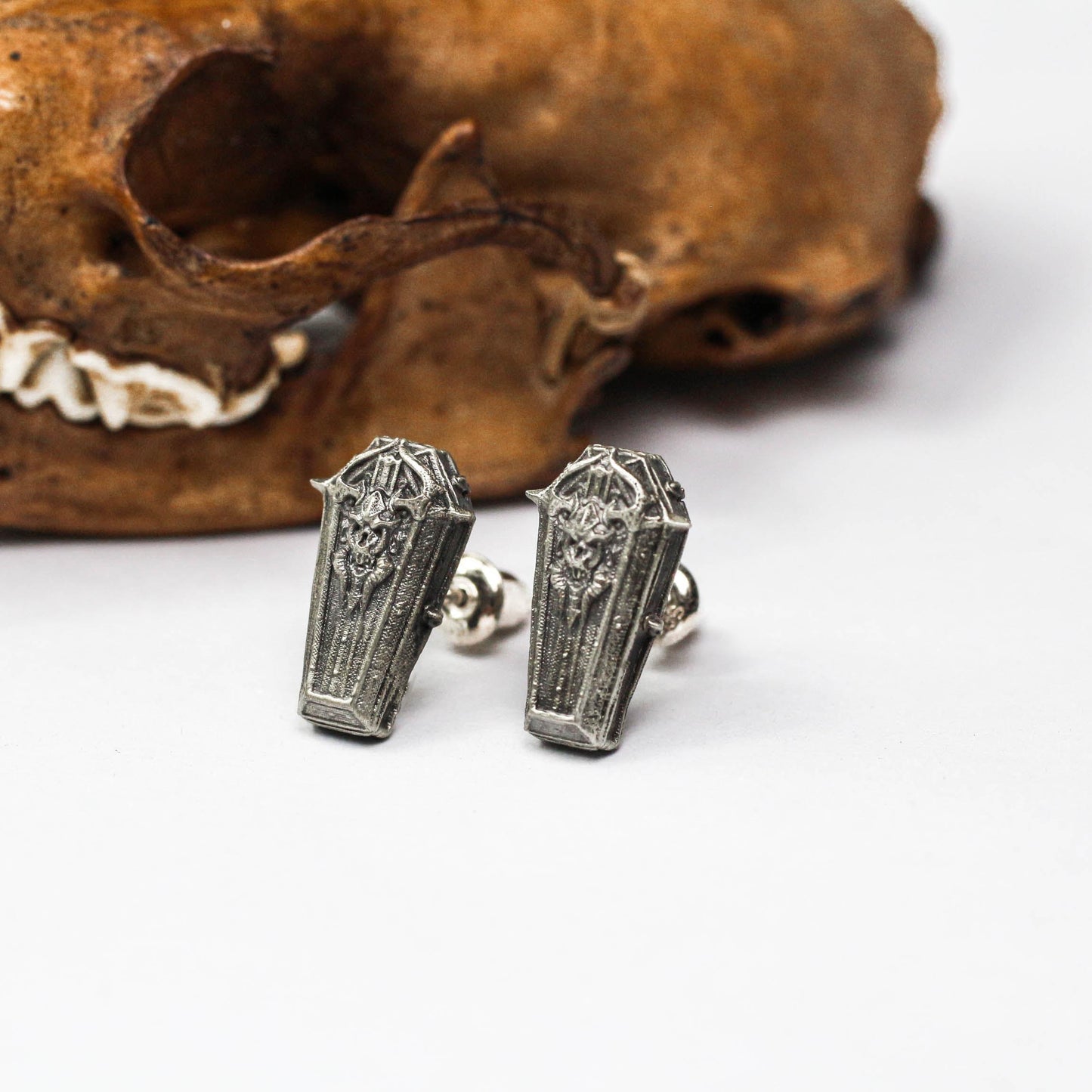 Coffin Shield Stud Earrings - 925 Sterling Silver Gothic Jewelry