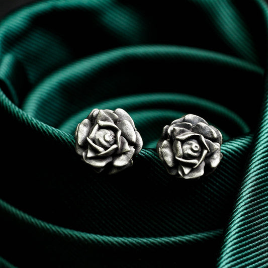 Burgundy Bliss Rose Cufflinks - 925 Sterling Silver Handmade