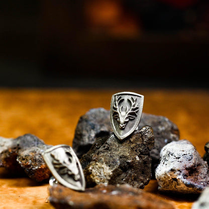 Forest Guardian Stag Shield Stud Earrings - 925 Sterling Silver Handmade