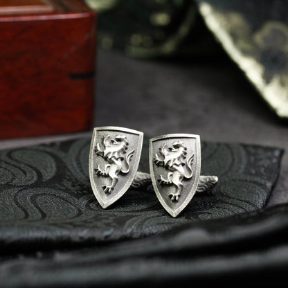 Lion Shield Crest Cufflinks - 925 Silver Handmade