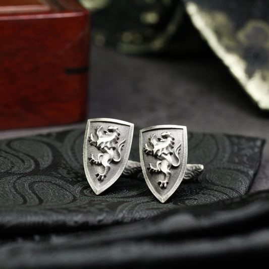 Lion Shield Crest Cufflinks - 925 Silver Handmade