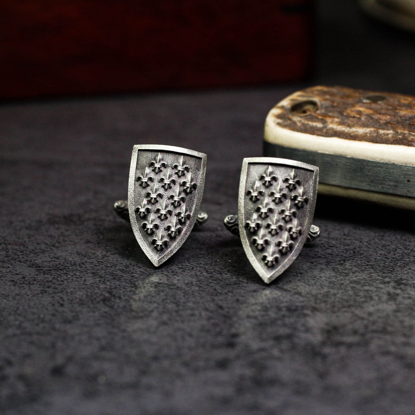 Iris Shield Cufflinks, Fleur de Lys Design - 925 Sterling Silver Handmade