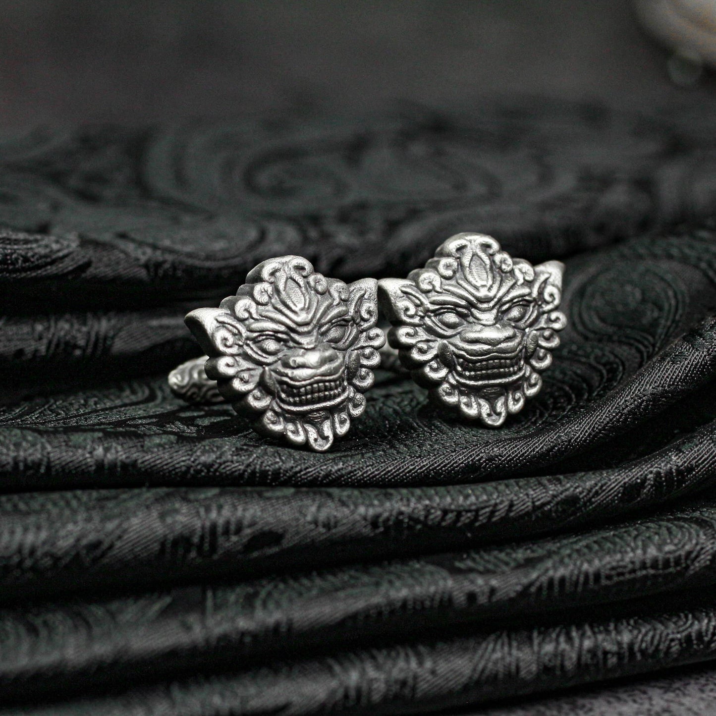 Lion Mask Cufflinks - Warrior Totem Symbol 925 Silver Handmade