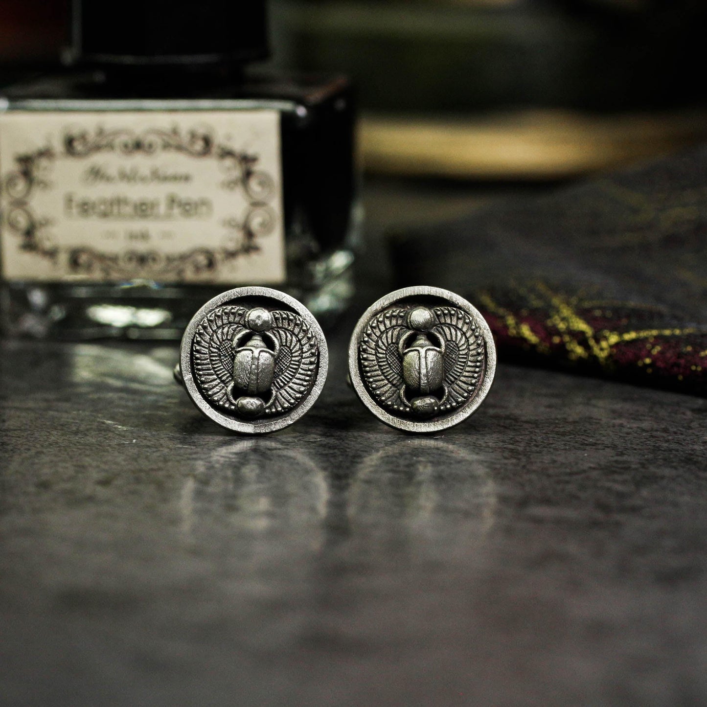 Saint Beetle Cufflinks, Egyptian Scarab - 925 Sterling Silver Handmade