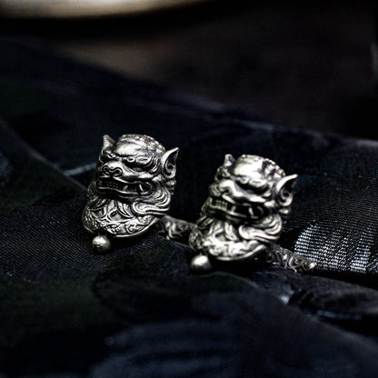 Tang Lion Head Cufflinks, Pixiu Amulet - 925 Sterling Silver Handmade