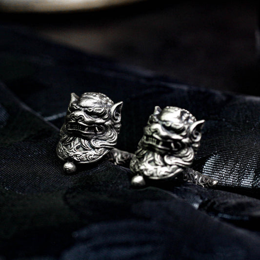 Tang Lion Head Cufflinks, Pixiu Amulet - 925 Sterling Silver Handmade