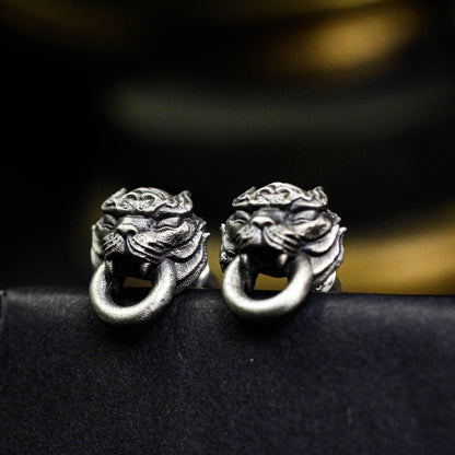 Roaring Lion Door Knocker Earrings - 925 Sterling Silver Handmade