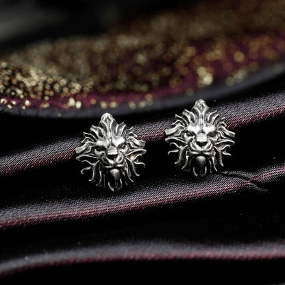 Lion Head Stud Earrings - 925 Sterling Silver Handmade Gothic Style