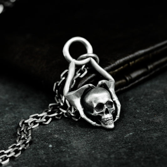 Hands Holding Skull Pendant - 925 Sterling Silver Handmade