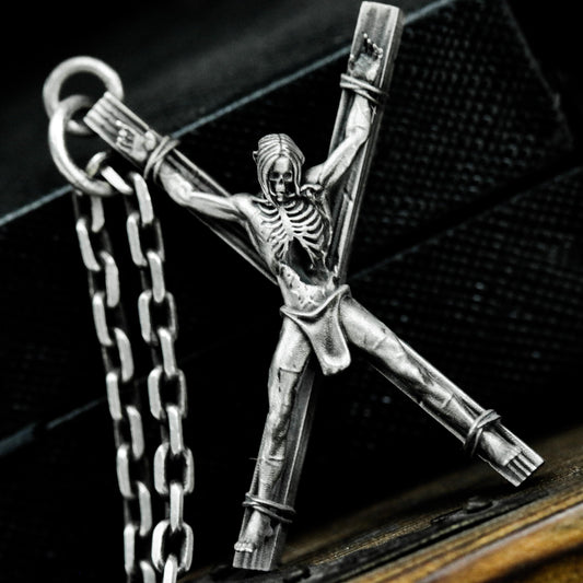Crucified Skeleton Pendant - 925 Sterling Silver Handmade