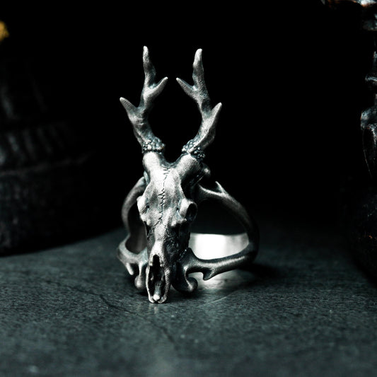 Deer Skull Ring with Antlers ¨C 925 Sterling Silver Handmade