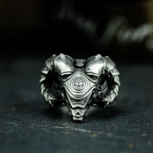 Ram Skull Ring with Mechanical Plating ¨C 925 Sterling Silver Handmade